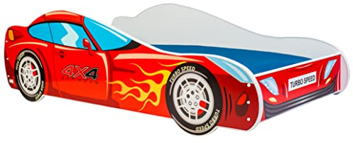 KOBI Kinderbett mit Rausfallschutz Auto | Rennauto | 140 x 70 cm | Jugendbett mit Matratze | Kinderbetten Jungen Mädchen | Einzelbett Kinder Bett Autobett