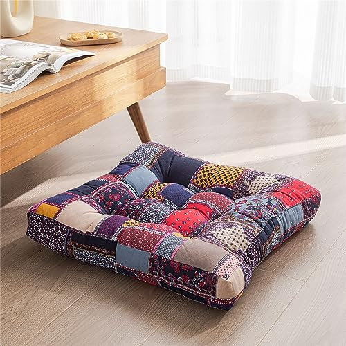 Hiseng Sitzkissen Tatami Stuhlkissen Böhmen Baumwolle Quadrat Weiches Dickes Matratzenkissen Bodenkissen Sitzpolster für Esszimmer/Küche/Terrasse/Stuhl/Bank, 50x50 cm (Patchwork)