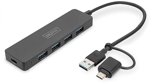 DIGITUS DA-70235 – USB Hub – 4-Port USB 3.2 Gen 1 Hub Typ A & C – Superspeed Datenübertragung bis 5 Gbit/s – Kompakt & tragbar – Plug-and-Play – Für PC, Notebook & Mac – Schwarz