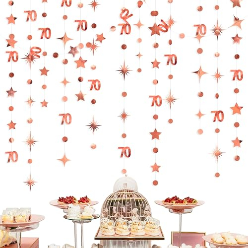 Rose Gold 70. Geburtstag Dekorationen Nummer 70 Kreis Dot Twinkle Star Girlande Metallic Hanging Streamer Banner Hintergrund für ihren schmutzigen 70-jährigen Geburtstag 70 Jahre Party Supplies