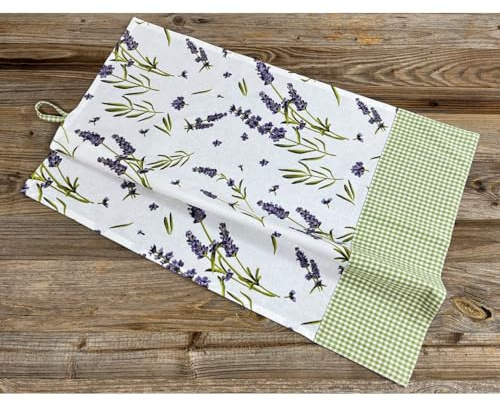 matches21 Hübsches Geschirrtuch LAVINA aus Baumwolle - Geschirrhandtuch im Landhausstil mit Lavendel und grünem Karomuster - Schönes Trockentuch für die Küche in weiß lila 50 x 70 cm