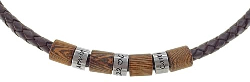 Timbalino Personalisierte Herrenkette mit Wunschname – Geflochtene 6mm Lederkette mit Edelstahl-Beads & Holzperlen – Individuelles Geschenk für Männer & Väter – Handgefertigt