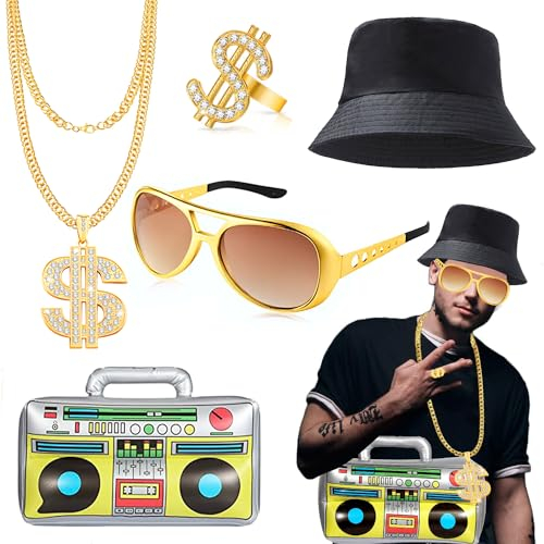Hip Hop Kostüm Set, 80er 90er Jahre Outfit Herren Hip Hop Rapper Accessories, 5 Stück Hip Hop Punk Kostüm Set, Goldene Dollar Kette Brille Ring Aufblasbare Radio Fischermütze, 80er 90er Rapper Outfits