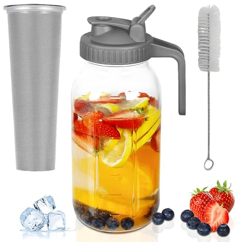 Fesjoy Jarra de cristal con tapa para conservas, 1 cuarto (32 o-z/1 l), jarra de agua a prueba de fugas con boca ancha y tapa de filtro, jarra de cerveza fría para agua, zumo, leche, té, café helado y