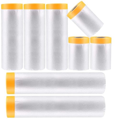 WeeGoo 8 Rolls Pre-Taped Masking Film, 3 Size Tape and Drape Masking Film Rolls, Self-Adhesive Masking Tape with Plastic Sheet (Total 150m long, Wide: 55,110,300cm)