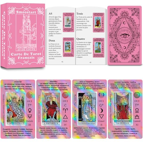 Smoostart Cartes de Tarot Français Holographiques Débutants avec Mots-Clés | Rose, Holographique Laser. Chaque Carte : Mots-Clés, Oui/Non, Éléments, Planètes et Chakras. Idéal pour Débutants avec Guide