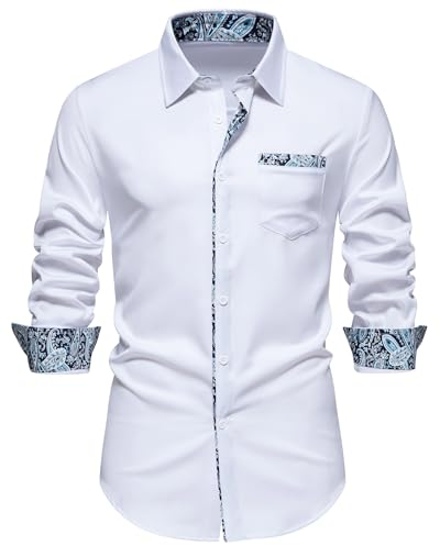 Men's Inner Contrast Dress Shirt Paisley Business Casual Smart Formal Classic Long Sleeve Regular Fit Button Down Wedding Party Work Shirts with Pockets-A355-White-M