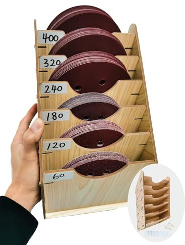 ZYRELYNX 6-Tier Hanging Wooden Sandpaper Storage Holder, Sandpaper Organizer for Sanding Discs 5 Inch 6 Inch, Wall Mount Woodworking Tools Rack(Excluding Sandpaper), Maple Color, 1 Set