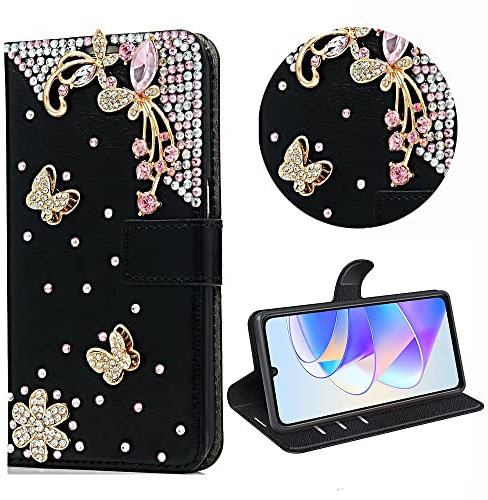 BLOTECH Coquille pour Tecno Spark 20 Pro Paillettes 3D Etui Cuir Housse Coque Bling Portefeuille Wallet PU Étui en Cuir Flip Noir Motif Strass Diamants 3D Diamants Flip Housse pour Tecno Spark 20 Pro