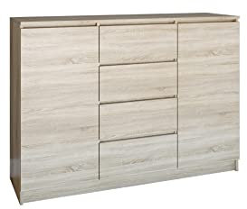 Oggi Lugo 2D4S Kommode Eiche Sonoma 120 cm Schuhbank Schuhregal aus Holz mit 2 Schubladen und 4 Türen für Stauraum, Modernes Design, Wohnmöbel