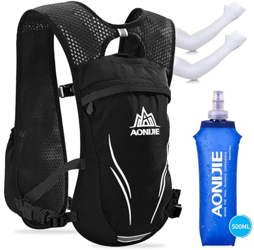 Breatha Gilet d'hydratation de course ultra léger de 5 l avec poche à eau de 1,5 l - Gilet de course réglable pour homme et femme (noir + bouteille d'eau de 500 ml)