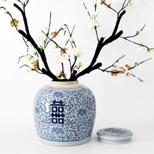 XIUWOUG Pot à Gingembre en céramique Bleu et Blanc avec Couvercle pour décor de Chinoiserie Vase de Pots de Gingembre décoratifs Chinois Anciens pour la décoration intérieure,Bleu