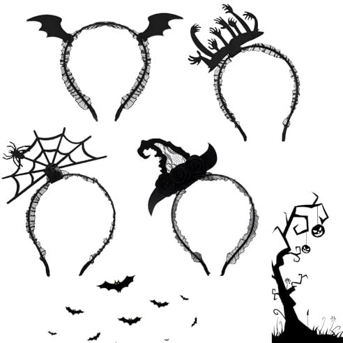 SoeUyd 4 Stück Halloween Haarreif, Halloween Accessoires, Halloween Haarreifen, Spinne, Fledermaus, Hexenhut, Geisterhand Stirnband, Geeignet für Halloween Karneval Spooky Masquerade