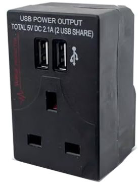 HUBIBUBI 1 Way Status Twin USB Surge Protected Plug Through Adapter - Wall Charger Black, UK 3 Pin Socket for Home Office Indoor Lighting For charging (1 Way 2 Usb Adapter, 3 Pin - Black)