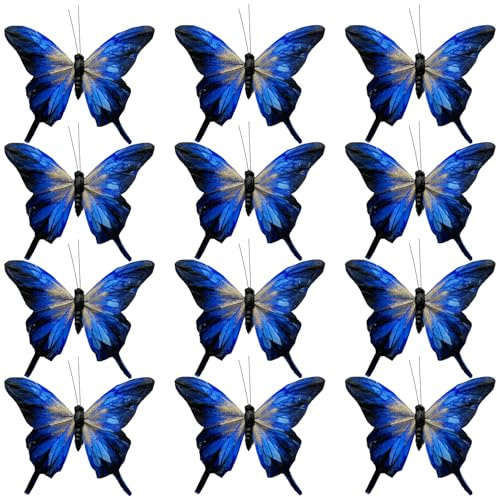 12 adornos de mariposa azul real para árbol de Navidad, adornos de 5 pulgadas con purpurina dorada para ramos de flores, guirnalda, manualidades, regalos de fiesta de cumpleaños