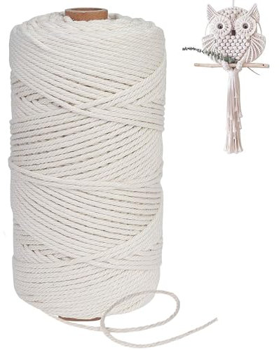 Macrame Cuerda 3mm x 200m Algodó Cordel Hilo Natural para Macramé Colgador de Plantas DIY Artesanía Decoración Bohemia Blanco