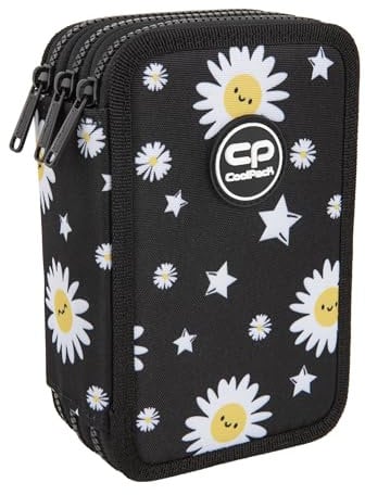 CoolPack XXL Federtasche Federmappe 3-Fach Schulstiftetui, dreifaches Federmäppchen, Federmäppchen für Mädchen, Jungen, Federmäppchen 44-teilig gefüllte Schüleretui 3-stöckig, Daisy Black