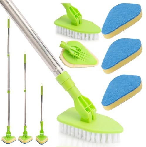 Luazvilkpsar 2 in 1 Schrubber mit Stiel, Duschschrubber langstieliger, Reinigungsbürste Bad mit 2 Austauschbarer Bürstenköpfen, Teleskopstange 82.5 cm, für Terrasse, Fliesen, Badewanne