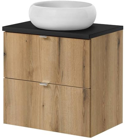 [en.casa] Mueble de Baño con Lavabo Redondo Newport Armario Baño con 2 Cajones y Encimera de 60 cm 1 Lavabo de Cerámica Instalación Mural 60 x 71 x 40 cm - Efecto Roble/Negro