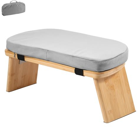 harupink Meditationsbank klappbar aus Bambus,Yoga Hocker mit Kissen,ergonomische Meditationshocker mit Samt Aufbewahrungstasche,rutschfest,Yoga Stuhl für spirituelle Momente im Alltag(Grau)
