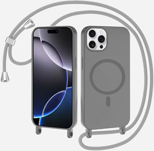 TQmchun Magnetische Handykette mit Band für iPhone 12 Pro Max,Handyhülle [Kompatibel mit MagSafe],Weich TPU Liquid Silikon Necklace Umhängen Kameraschutz Kette Stossfest Schutzhülle-Grau