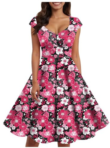 Robe de soirée trapèze rétro pour femme - Style années 1950 - Style rétro rockabilly - Manches courtes - Motif à pois - Coupe trapèze - Midi - Pour cocktail, soirée, Rose vif., XXL