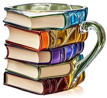 Painted Book Mug, Unique Books Stack Cup, 3D Painted Reading Coffee Cup - Ideal Book Lover Gifts for Readers | Available in Resin, Includes Free Elegant Spoon (Resin, B)