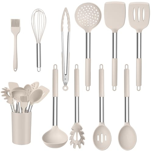 Onader 11 Stück Silikon Küchenhelfer Set, Silikon Küchenutensilien Khaki | Antihaft Edelstahlgriff Kochbesteck Set für Kochen und Backen, Hitzebeständiger Kochutensilien, Gesund & Spülmaschinenfest