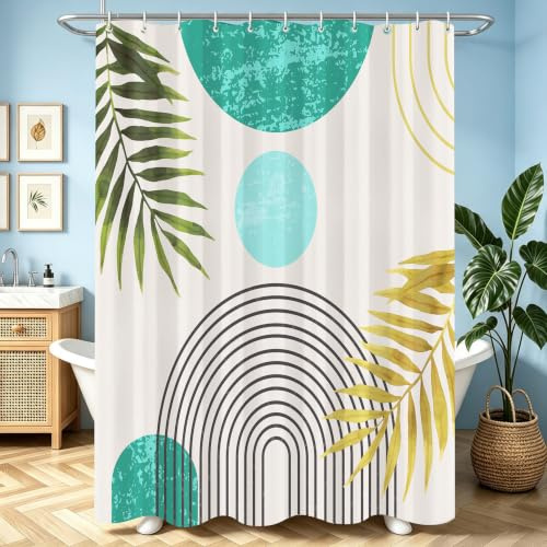 Lerores Duschvorhang 180x200 cm Hellblau Grün Golden, Beschwerter Saum Antischimmel, Wasserabweisend, Waschbar Polyester Badevorhänge mit 12 Ösen und Duschvorhangringen für Badezimmer, Badewanne
