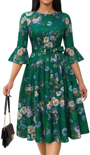 HomRain Women's Cocktail Prom Dresses Vintage Formal for Wedding Guest Bell Sleeve Dress for Women Bridesmaid Wedding Tea Party Green Flower 3XL