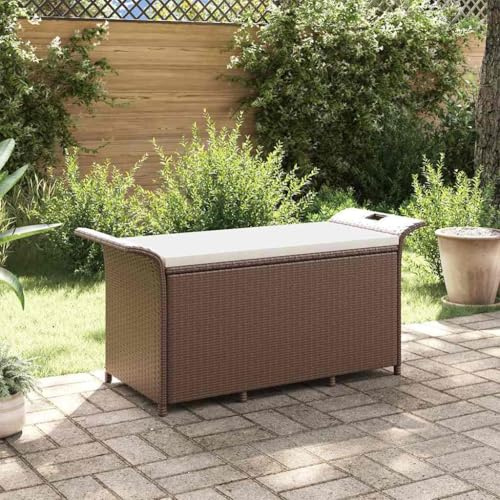 Zeehear Gartenbank mit Kissen Braun 116x46x57 cm, Poly Rattan Sitzbank mit Stauraum, wetterfest für Terrasse, Garten, Veranda