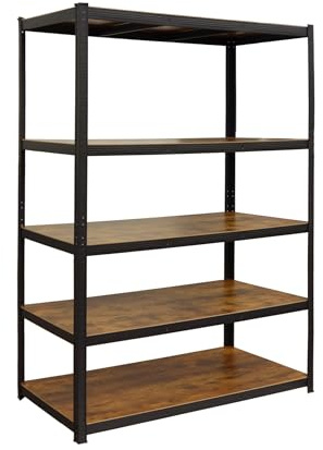 Relaxdays Étagère Lourde en Acier et MDF, 500 kg, 200 x 120 x 40 cm, 5 Niveaux, Aspect Bois, Noir/Marron