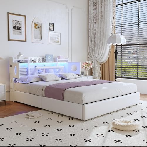 MIOOSUT Polsterbett Doppelbett 160x200, LED Jugendbett Hydraulisch Bett mit Stauraum, LED-Kopfteil mit USB Typ-C & Staufach, Bett 160x200 mit bettkasten, PU, ohne Matratze, Weiß