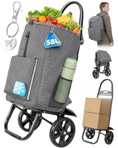 Einkaufstrolley klappbar mit 55L+5L kühlfunktion, Rucksack, bis 50 kg, XXL | 4-in-1 Einkaufswagen Modern Einkaufstasche mit Rollen, Chip, Shopping Trolley & Sackkarre für Supermarkt, Wochenmarkt, Reisen