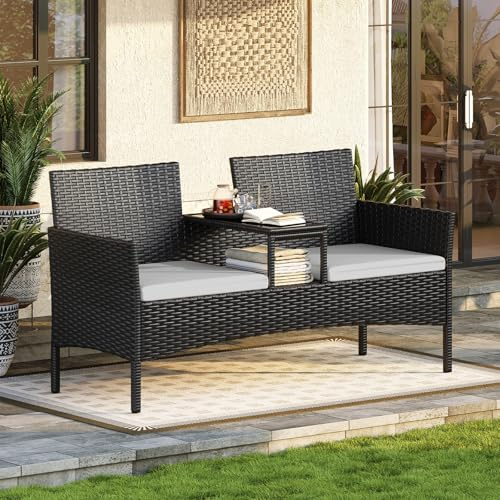 Aoxun 2 Seater Rattan Garden Bench, Extra Wide Outdoor Loveseat with Storage Side Table, Comfortable Patio Furniture Set with Cushions and Rain Cover for Garden Balcony Backyard (Light grey)