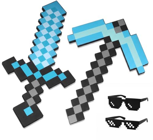 2 PCS 45 Cm Haches Pointues Et D'épées De Jeu, Diamant épée Et Hache Pointue Mit Zwei Mosaik Party Sonnenbrille, pour Jeux De Rôle, Fêtes à Costumes, Fêtes De Jeux, Halloween