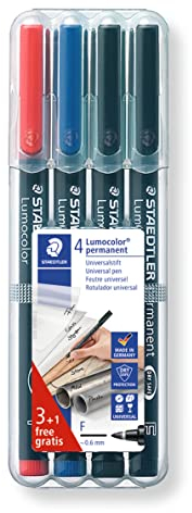 STAEDTLER permanent Universalstift Lumocolor, nachfüllbar, wisch- und wasserfest, sekundenschnell trocken, DRY SAFE, F-Spitze Linienbreite ca. 0.6 mm, 3 + 1 Marker in STAEDTLER-Box, 318 WP4 P