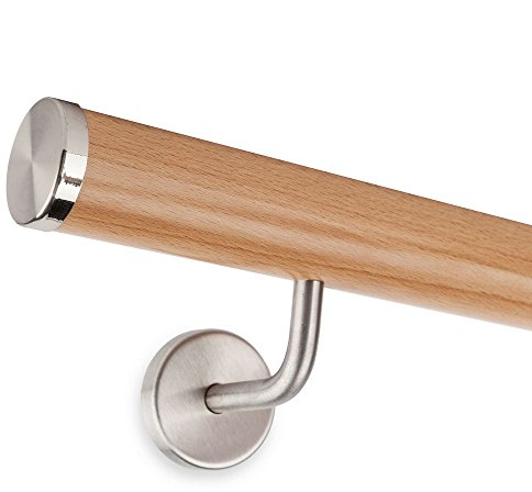 Handlauf Set Holz Buche 45mm inkl. Edelstahlkappen und 2 Haltern (200 cm)