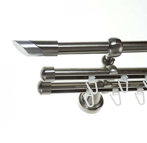 BASIT Gardinenstange Innenlauf Edelstahllook 16mm 3-läufig Wand 200cm H14 | Gardinenstangenset dreiläufig Wandmontage Metall Vorhangstange Wandhalterung 120-600cm wählbar Kappe Schräge E13