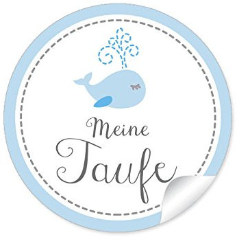 24 STICKER: Meine Taufe 24 schöne Etiketten mit einem Walfisch für ein Mädchen/Junge in Blau (A4 Bogen) • Papieraufkleber (Aufkleber im Format 4 cm, rund, matt