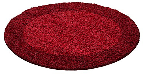 Carpettex Hochflor Teppich Wohnzimmer Shaggy Flokati Teppich Modern Bordüre Design 120 cm Rund Rot - Teppich Schlafzimmer Weich Flauschig Waschbar Teppich Küche Esszimmer - Langflor Teppiche