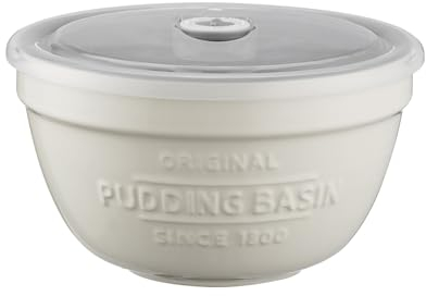 Mason Cash Innovative Kitchen Stoneware Pudding Basin with Airtight Lid and Use-By Date Tracker, 0.9 Litre, White / Grey, Off-white