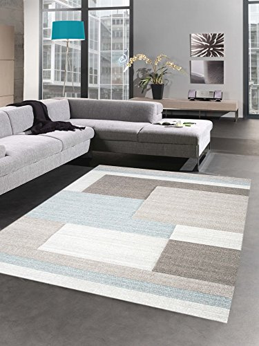 CARPETIA Teppich modern Kurzflor Teppich Wohnzimmerteppich Konturenschnitt Karo abstrakt Pastell blau Taupe Größe 160x230 cm