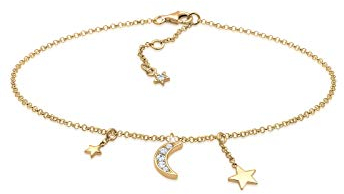 Elli Bracelet de Cheville Elli - Pendentifs Etoile Demi Lune Astro Bracelet Femme - Plaqué Or Argent (925/1000)