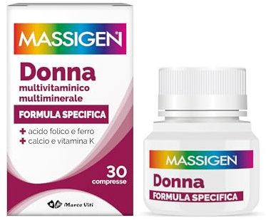 Massigen - Donna, Integratore Multivitaminico e Multiminerale, Riduce Stanchezza e Affaticamento, con Acido Folico e Ferro, 30 Compresse