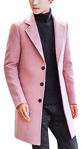 Springrain Men's Notched Lapel Single Breasted Long Pea Coat Trench Coat