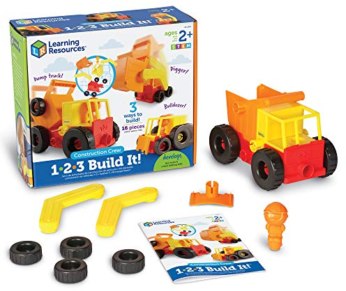 Learning Resources 1-2-3 Build It! Mach was draus: „Bautruppe“, Ab 2 Jahren, Konstruktionsspielzeug mit Bagger, Planierraupe und Muldenkipper, Fördert Feinmotorik und Mint-Fähigkeiten