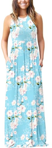 PCEAIIH Women's Casual Sleeveless Maxi Dress Loose Long Dresses with Pockets (XXL-B-Flower Light Blue)