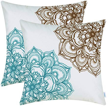 CaliTime Kissenbezüge Kissenhülle Packung mit 2 Cosy Fleece Dekokissenbezüge für Couch Bettsofa Vintage Dahlia Floral Beidseitig 45cm x 45cm Coffee Teal