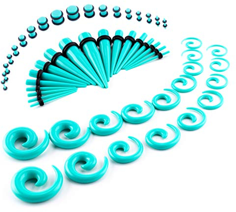 LLGL-EU Ohr-Stretching-Kit 54 Stück 14G-00G Ohrmessgeräte Expander Set Acryl Verjünger und Stecker & Silikon Tunnel Piercing-Schmuck-Set mit Eva-Box (Turquoise)